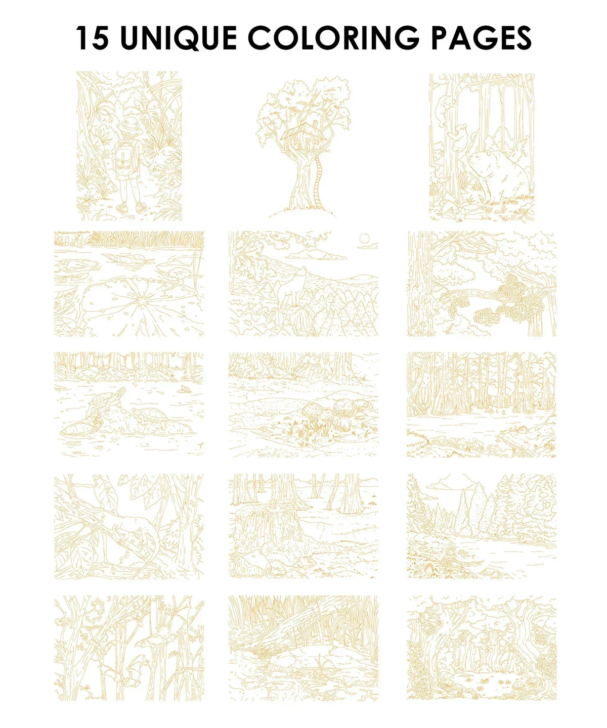 Fifteen unique nature-themed coloring pages included in the Watercolor Set Of 50 & Coloring Book Bundle.