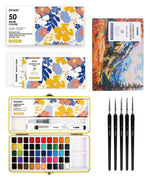 Watercolor Set Of 50 & Coloring Book Bundle featuring 50 vibrant colors, paintbrushes, and a nature-themed coloring book.