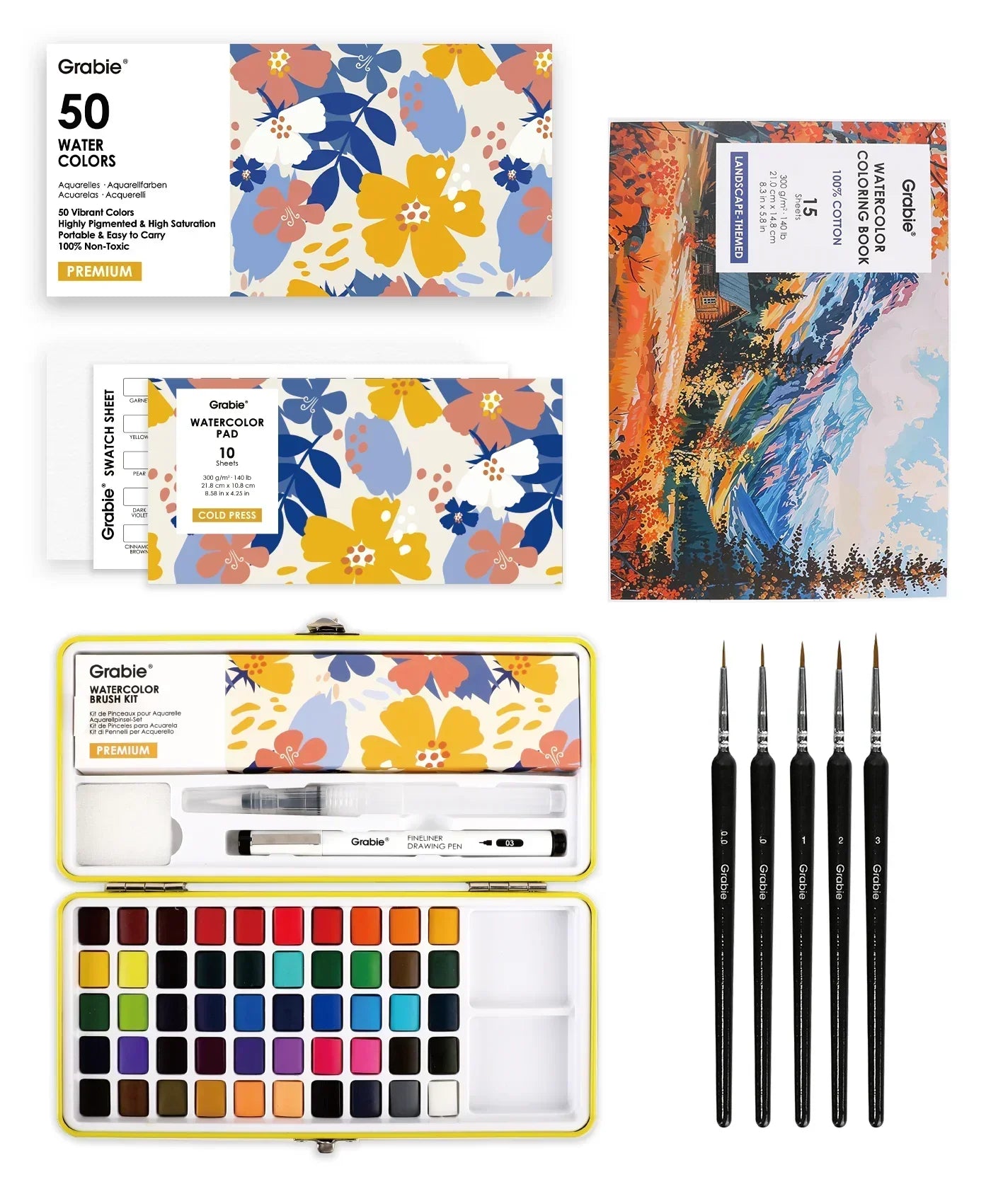 Watercolor Set Of 50 & Coloring Book Bundle featuring 50 vibrant colors, paintbrushes, and a nature-themed coloring book.