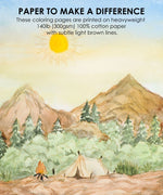 Watercolor landscape with mountains, trees, a tent, and campfire, highlighting Watercolor Set Of 50 & Coloring Book Bundle