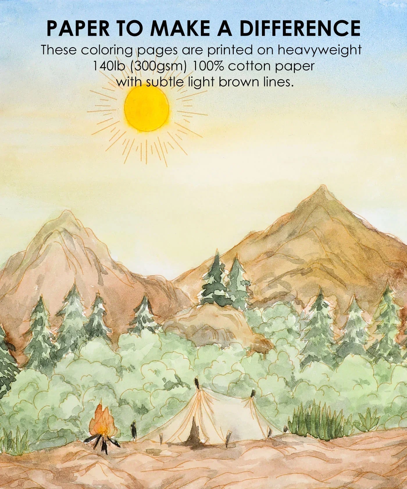 Watercolor landscape with mountains, trees, a tent, and campfire, highlighting Watercolor Set Of 50 & Coloring Book Bundle