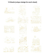 Set of 15 unique coloring sheets featuring nature and nautical scenes in Watercolor Set Of 50 & Coloring Book Bundle