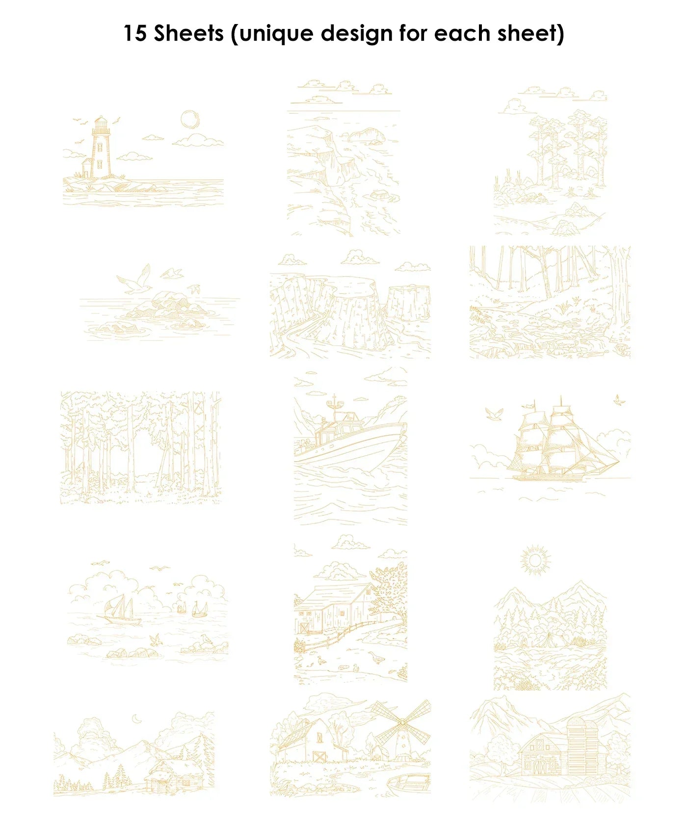 Set of 15 unique coloring sheets featuring nature and nautical scenes in Watercolor Set Of 50 & Coloring Book Bundle