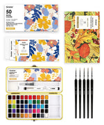 Watercolor Set Of 50 & Coloring Book Bundle with vibrant paints, brushes, and autumn-themed coloring book cover.