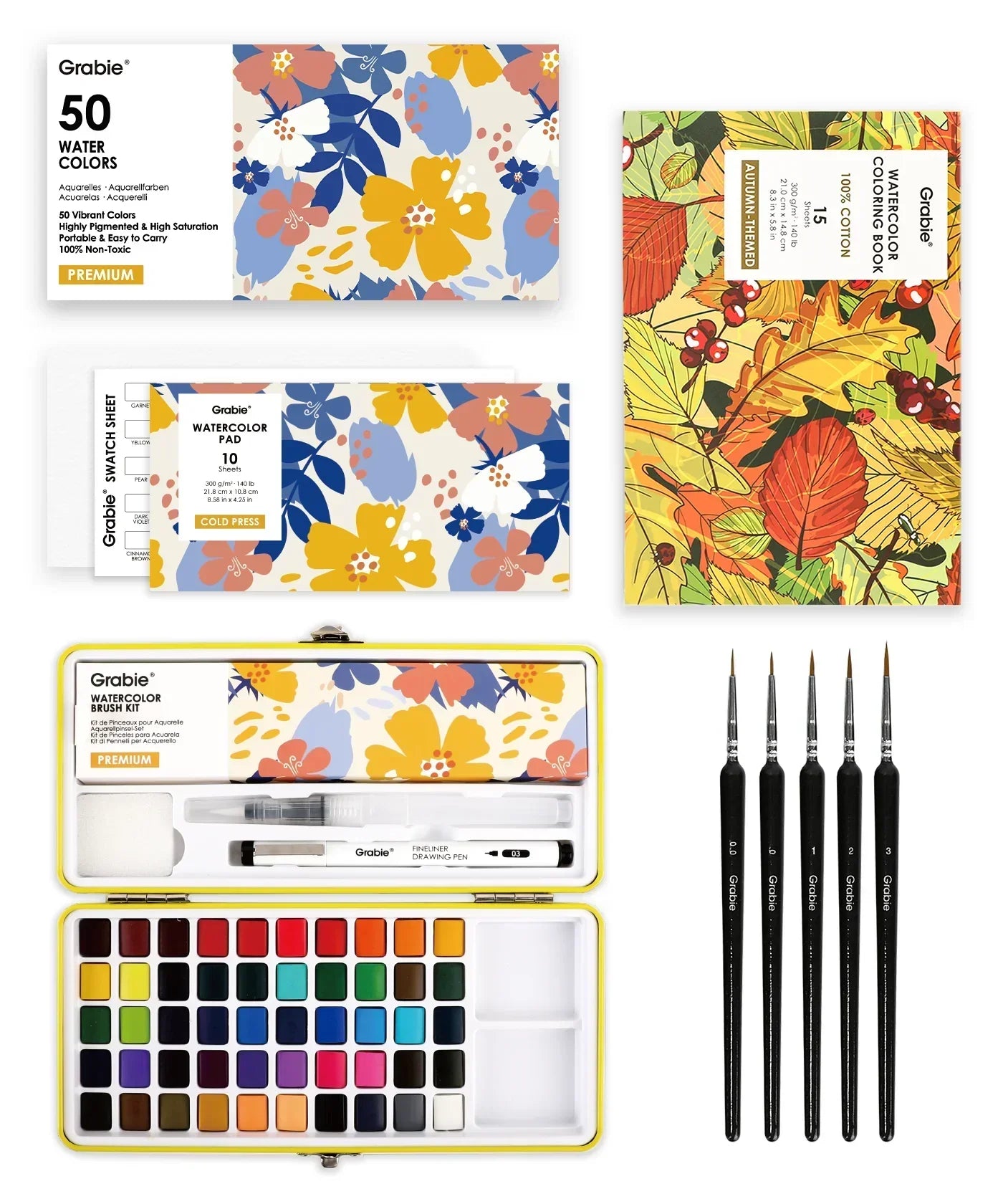 Watercolor Set Of 50 & Coloring Book Bundle with vibrant paints, brushes, and autumn-themed coloring book cover.