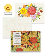 Watercolor Set Of 50 & Coloring Book Bundle featuring autumn-themed floral and leaf designs with a free downloadable coloring guide