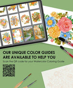 Watercolor Set Of 50 & Coloring Book Bundle showing digital color guides, floral paintings, brushes, and coloring pages on green background