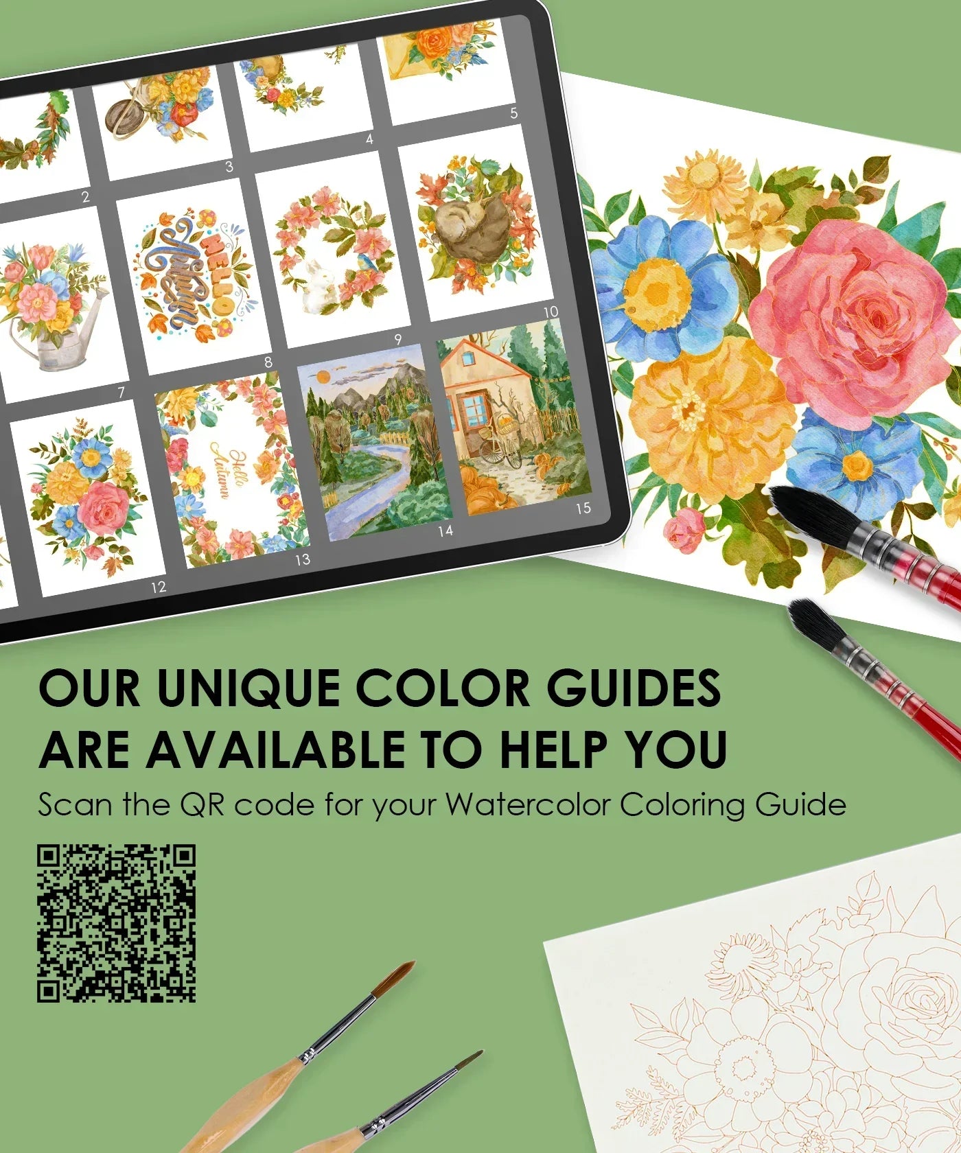 Watercolor Set Of 50 & Coloring Book Bundle showing digital color guides, floral paintings, brushes, and coloring pages on green background