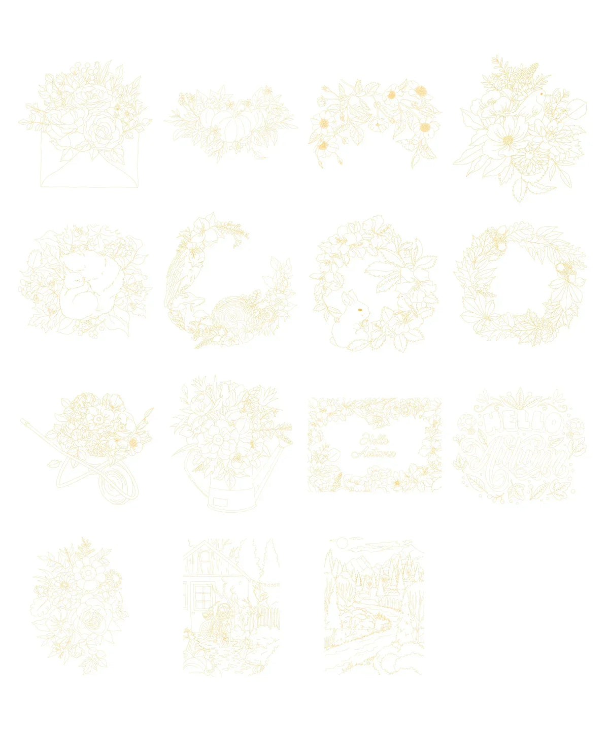 Lightly sketched floral wreaths and bouquets shown on a white background for Watercolor Set Of 50 & Coloring Book Bundle.