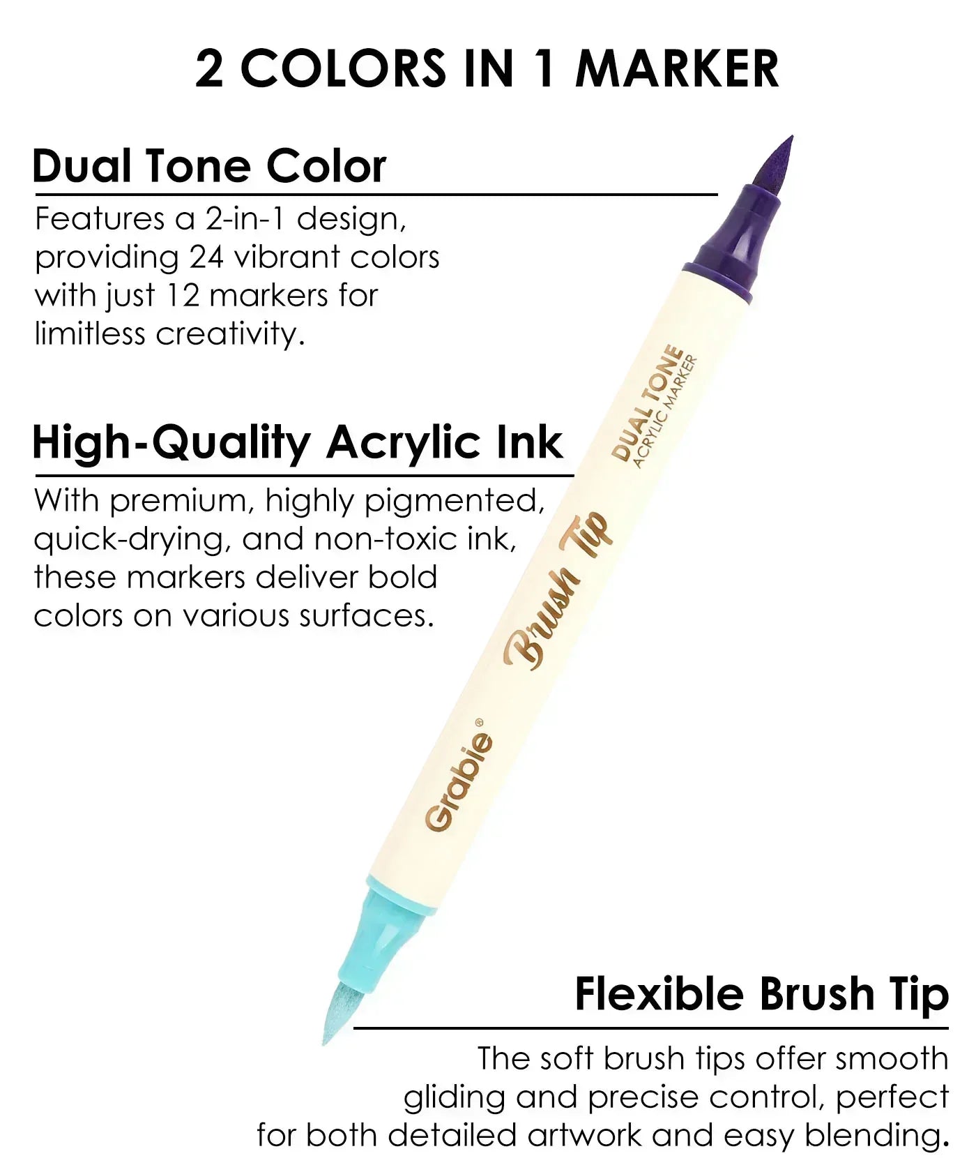 Dual Tone Brush Tip Acrylic Paint Marker Set With Coloring Book showing a dual tip marker with purple and blue brush tips and product features text