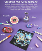 Dual Tone Brush Tip Acrylic Paint Marker Set With Coloring Book showcasing colorful art on paper, stone, glass, wood, and ceramic surfaces