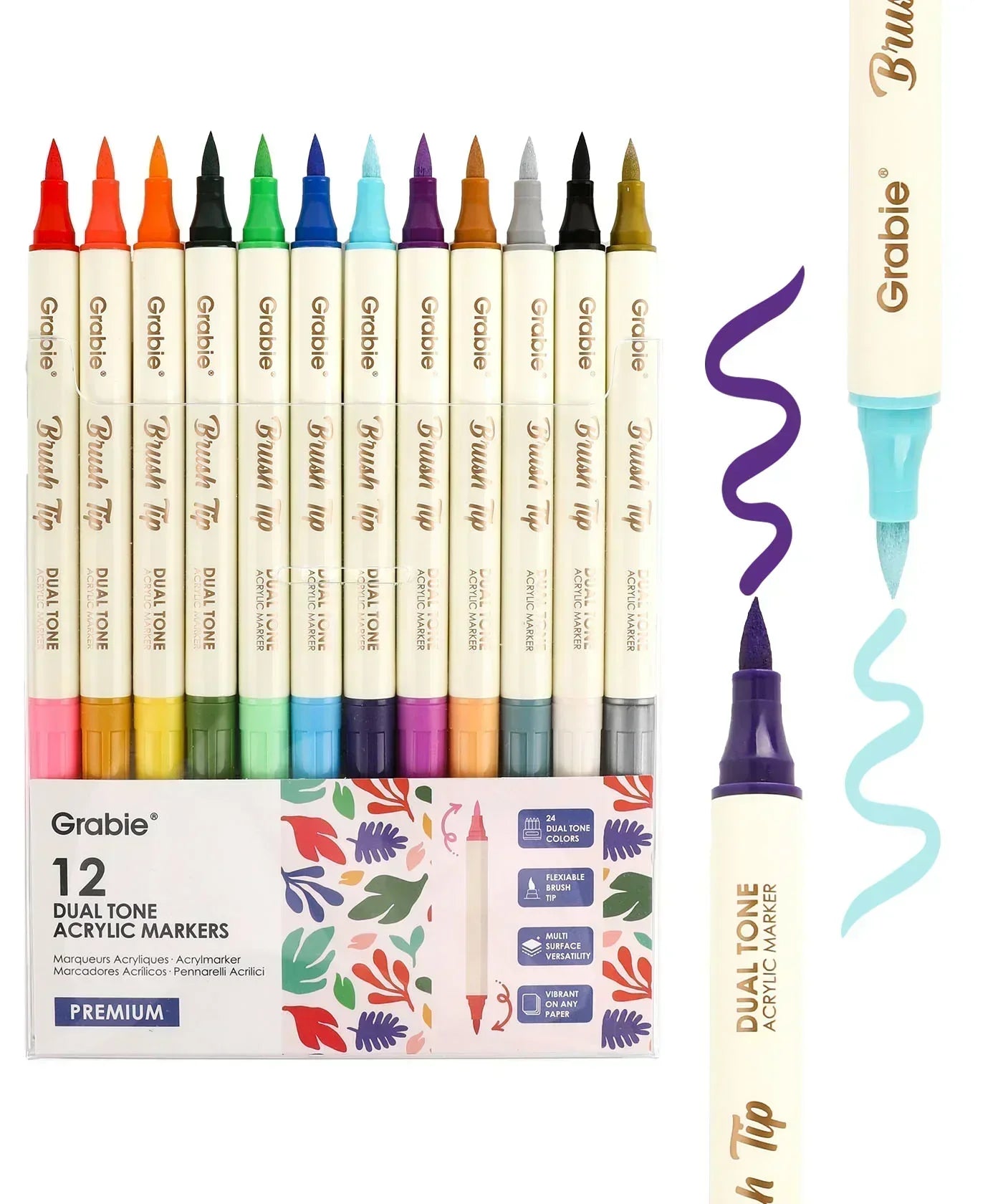 Dual Tone Brush Tip Acrylic Paint Marker Set With Coloring Book displaying vibrant colors and brush tips for art supplies.