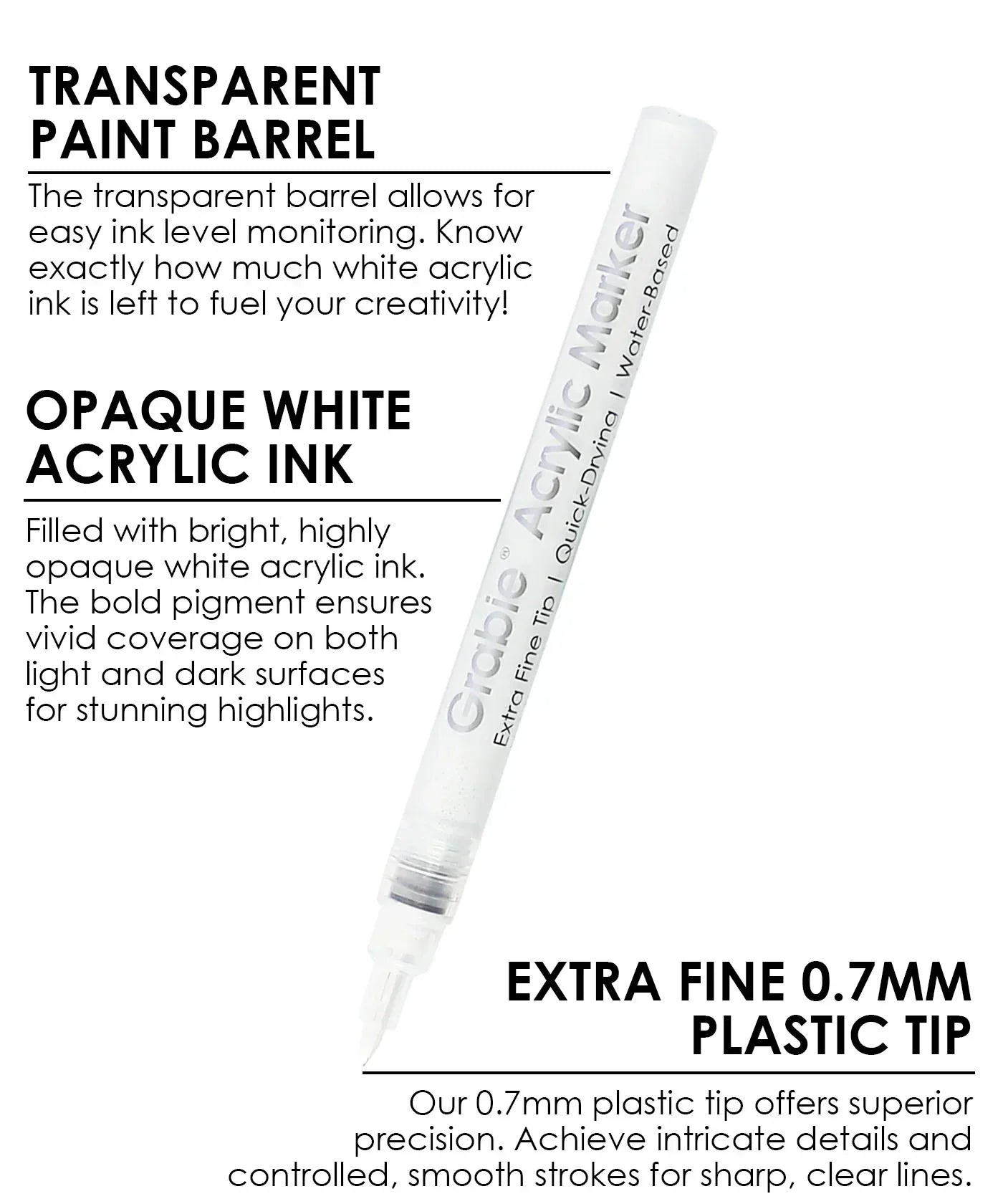 White Extra Fine Tip Acrylic Paint Marker Set Of 6 with transparent barrel, opaque white ink, and 0.7mm plastic tip for precise art supplies use.