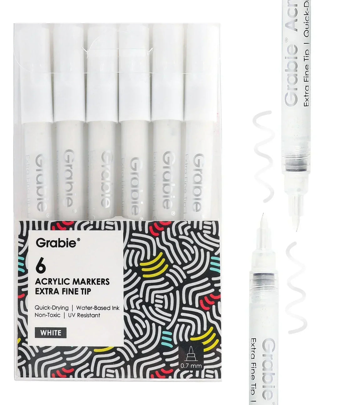 White Extra Fine Tip Acrylic Paint Marker Set Of 6 with quick-drying, water-based, non-toxic ink for detailed art projects.