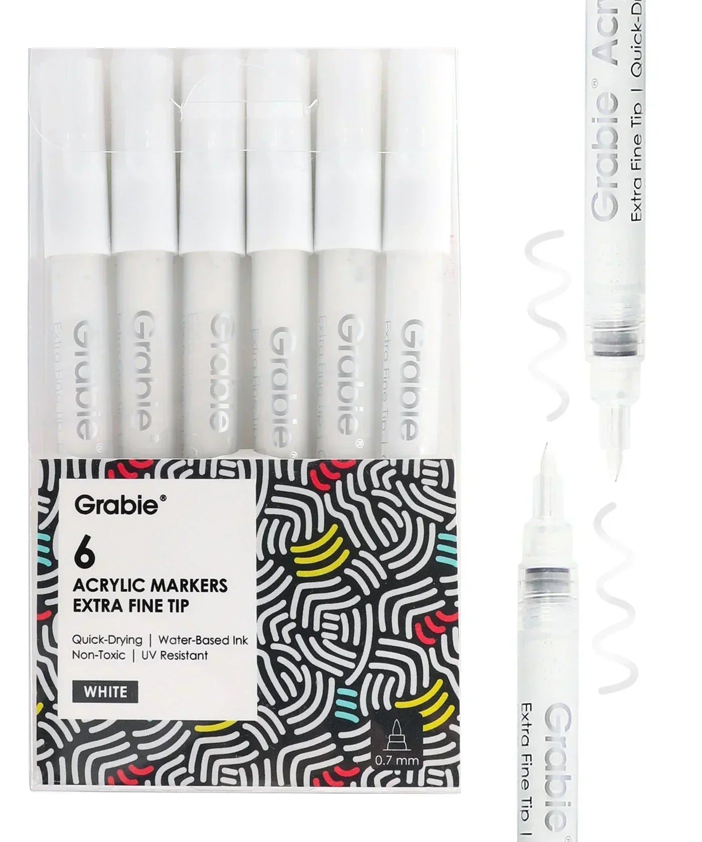 White Extra Fine Tip Acrylic Paint Marker Set Of 6 with quick-drying, water-based, non-toxic ink for detailed art projects.