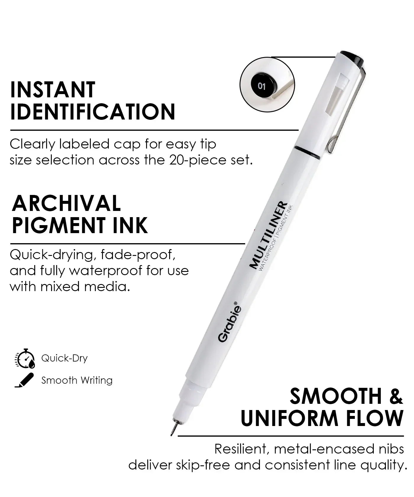 Waterproof Multiliner Drawing Pen Set Of 10 white pen showing clear tip size labeling and smooth ink flow features