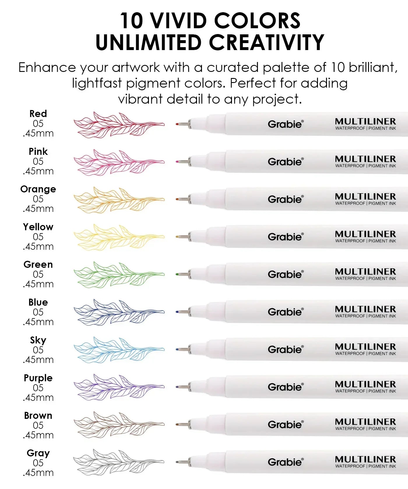 Waterproof Multiliner Drawing Pen Set Of 10 showing vibrant colors with fine 0.45mm tips for detailed art and creative projects.