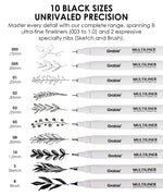 Waterproof Multiliner Drawing Pen Set Of 10 showing various fineliner tip sizes with detailed black ink sketches