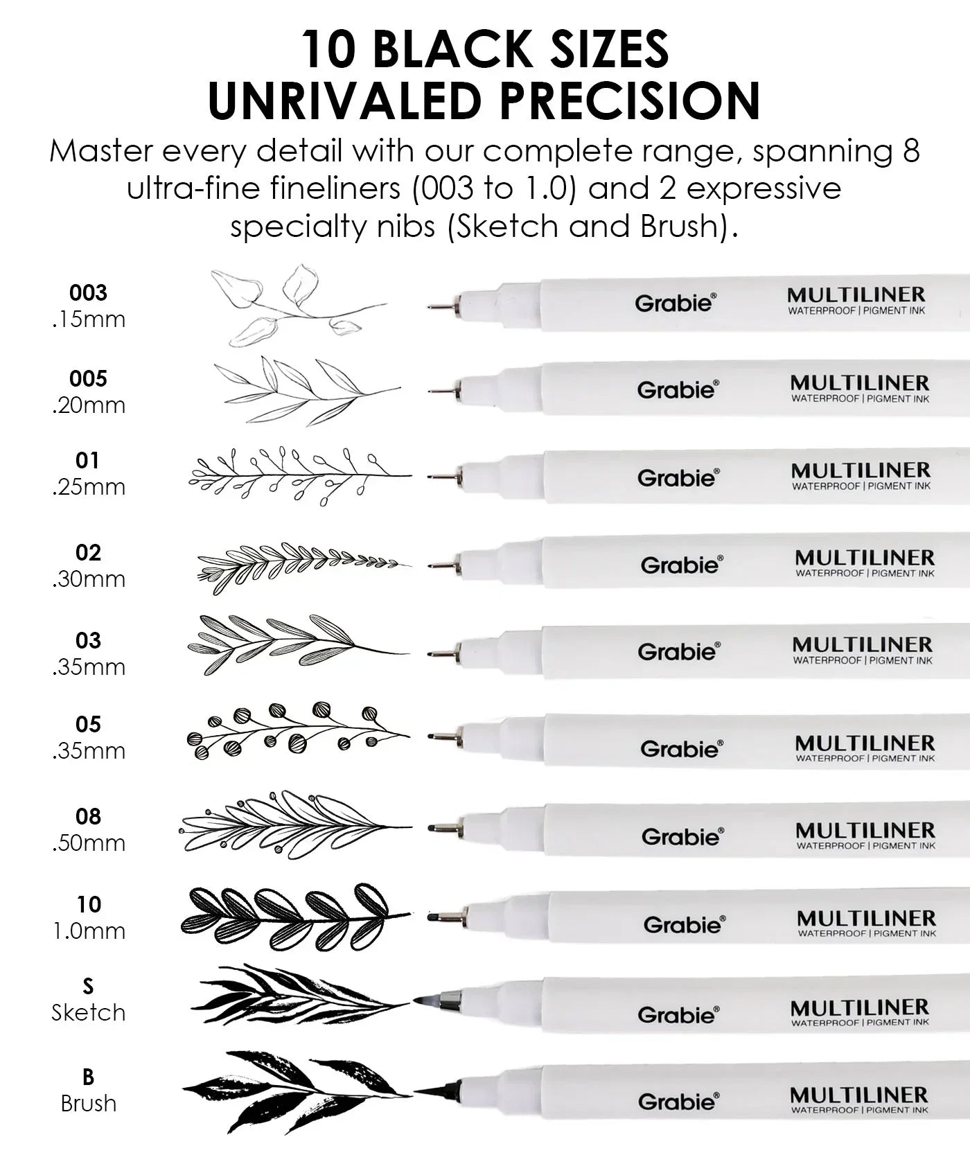 Waterproof Multiliner Drawing Pen Set Of 10 showing various fineliner tip sizes with detailed black ink sketches