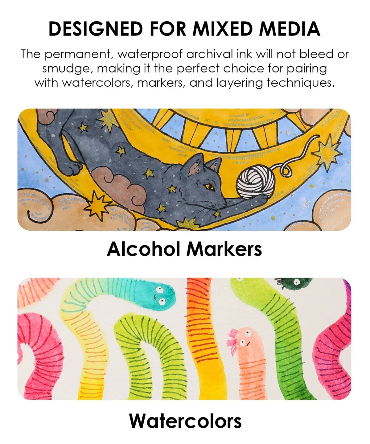 Art samples showing use of Waterproof Multiliner Drawing Pen Set Of 10 with alcohol markers and watercolors.