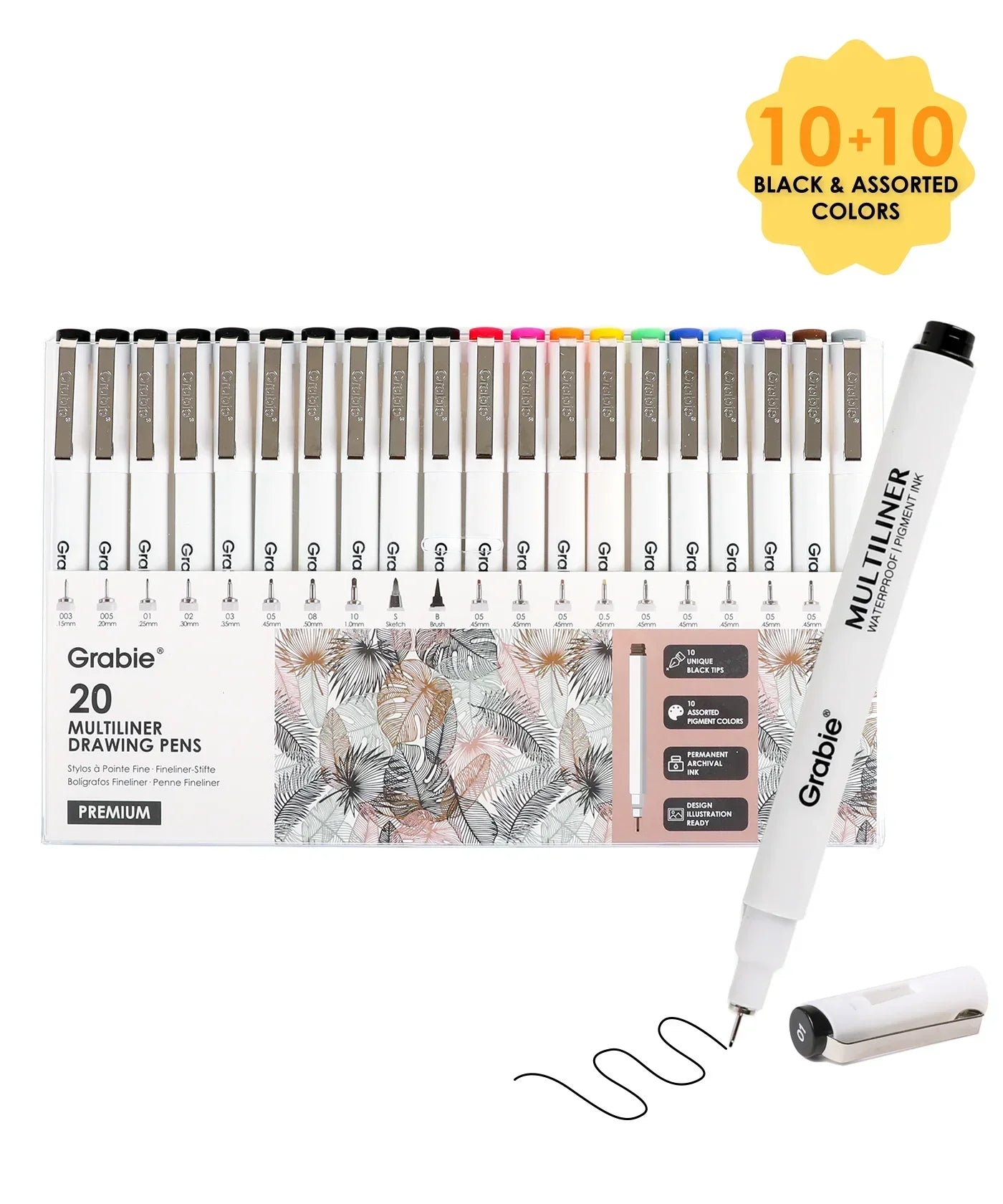 Waterproof Multiliner Drawing Pen Set Of 20 (10 Black Ink Unique Tips & 10 Assorted Colors) with cap removed and drawn line