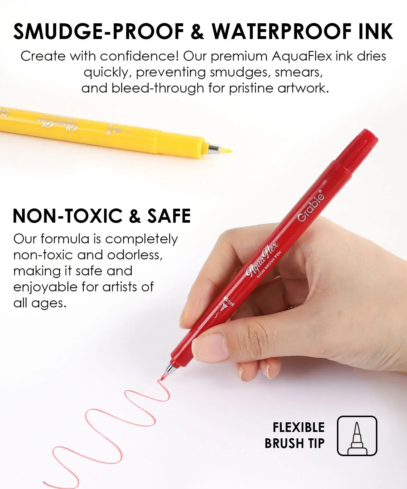 Hand holding red AquaFlex Sign Brush Pen Set of 12 drawing a smooth red line with flexible brush tip and yellow pen nearby
