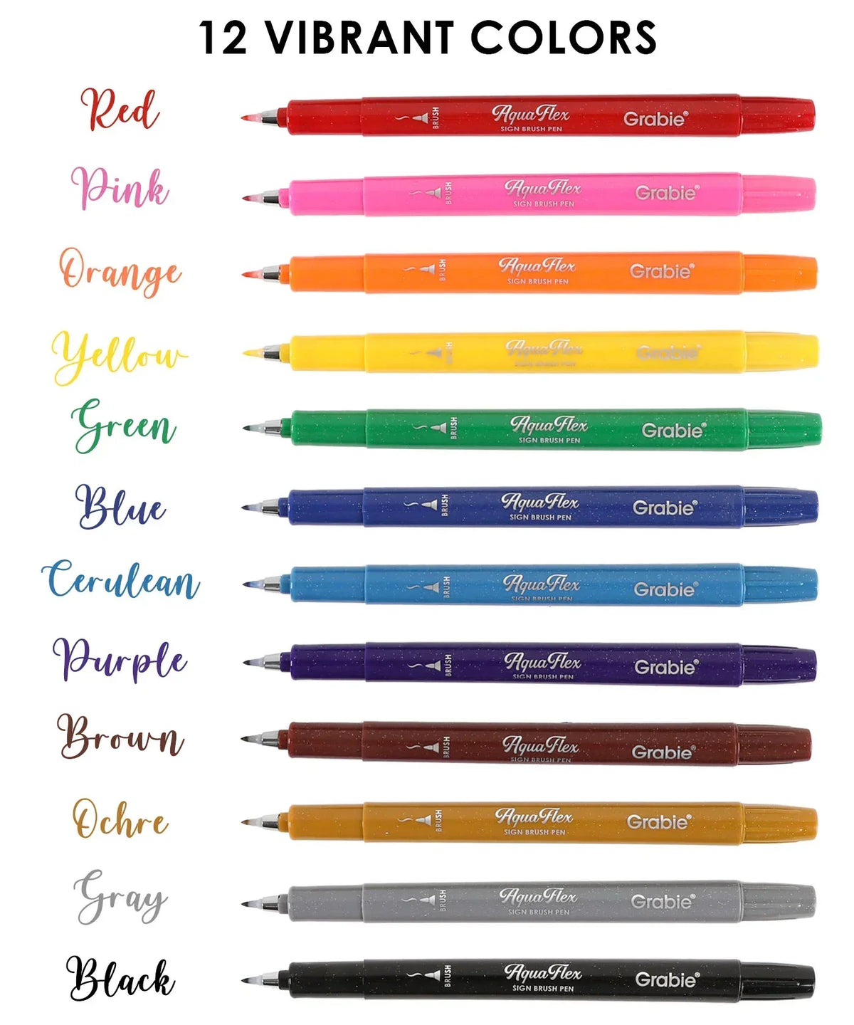 AquaFlex Sign Brush Pen Set of 12 with 12 vibrant colors ideal for watercolor, markers, and scrapbooking art supplies.