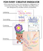 Creative lettering, journaling, coloring, and drawing examples using AquaFlex Sign Brush Pen Set of 12 art supplies