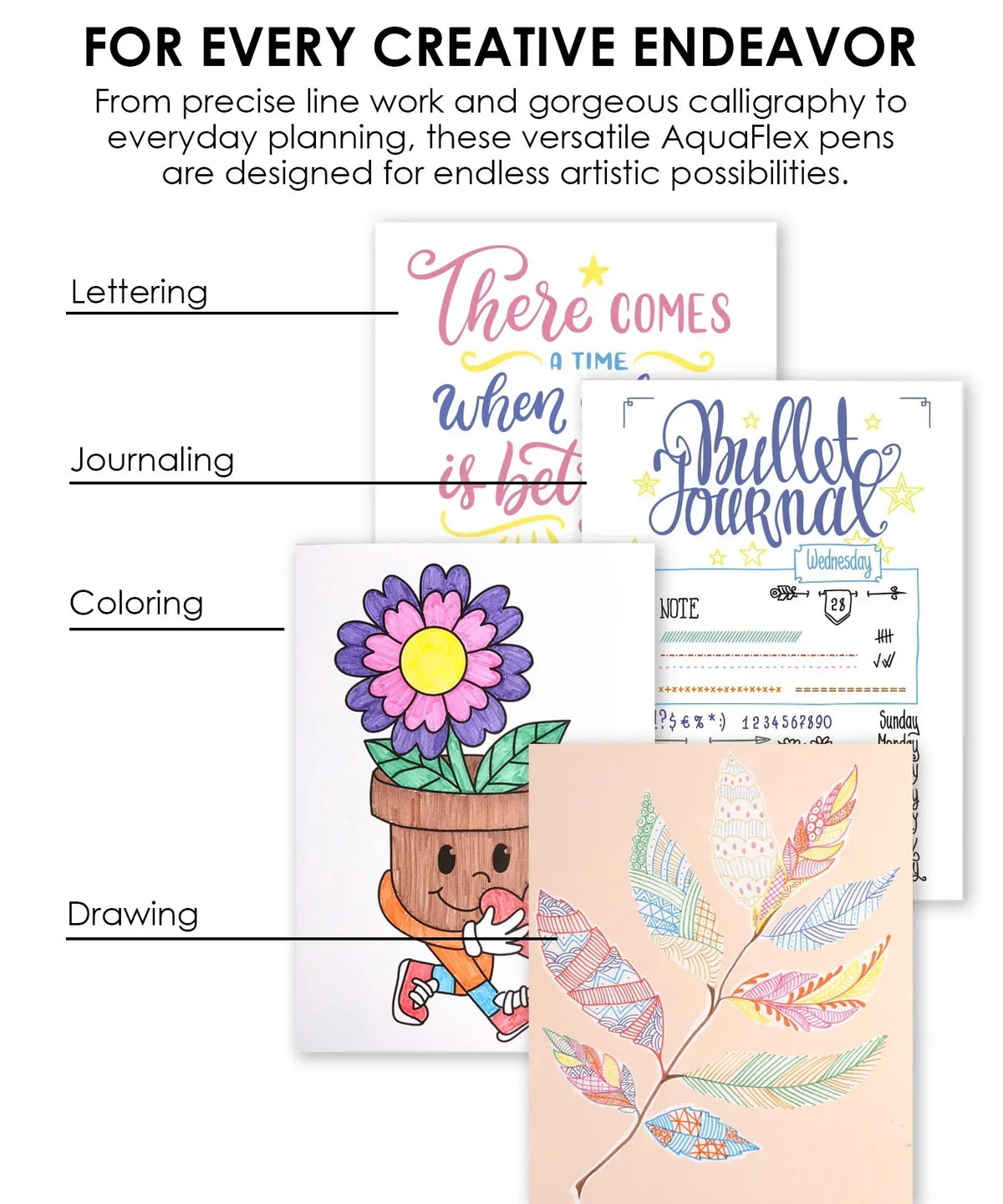 Creative lettering, journaling, coloring, and drawing examples using AquaFlex Sign Brush Pen Set of 12 art supplies