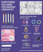 Contents of Shrink to Sparkles Craft Kit (DIY Shrinky Dinks Set) including markers, plastic sheets, keychain clips, glue, and jewelry accessories.