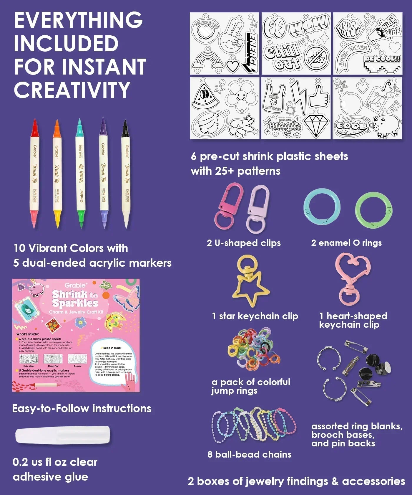 Contents of Shrink to Sparkles Craft Kit (DIY Shrinky Dinks Set) including markers, plastic sheets, keychain clips, glue, and jewelry accessories.