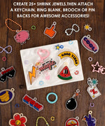 Colorful shrinkable plastic charms and accessories made with the Shrink to Sparkles Craft Kit (DIY Shrinky Dinks Set) 