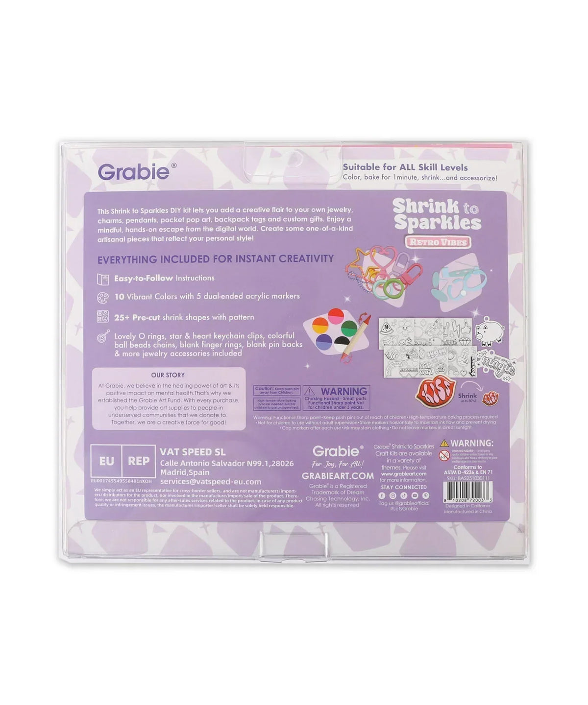 Back view of Shrink to Sparkles Craft Kit (DIY Shrinky Dinks Set) packaging showing art supplies and instructions.
