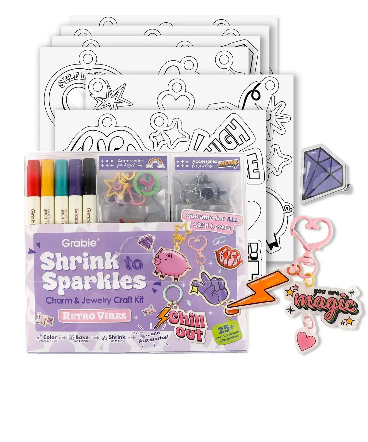 Shrink to Sparkles Craft Kit (DIY Shrinky Dinks Set) with markers, charm outlines, and jewelry accessories for creative art projects.