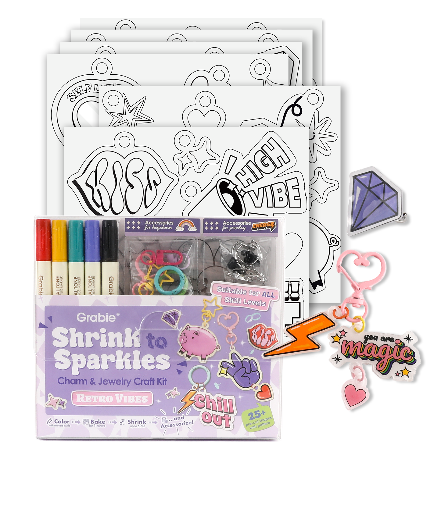 Shrink to Sparkles Craft Kit (DIY Shrinky Dinks Set) with markers, coloring sheets, and charm accessories for art projects 