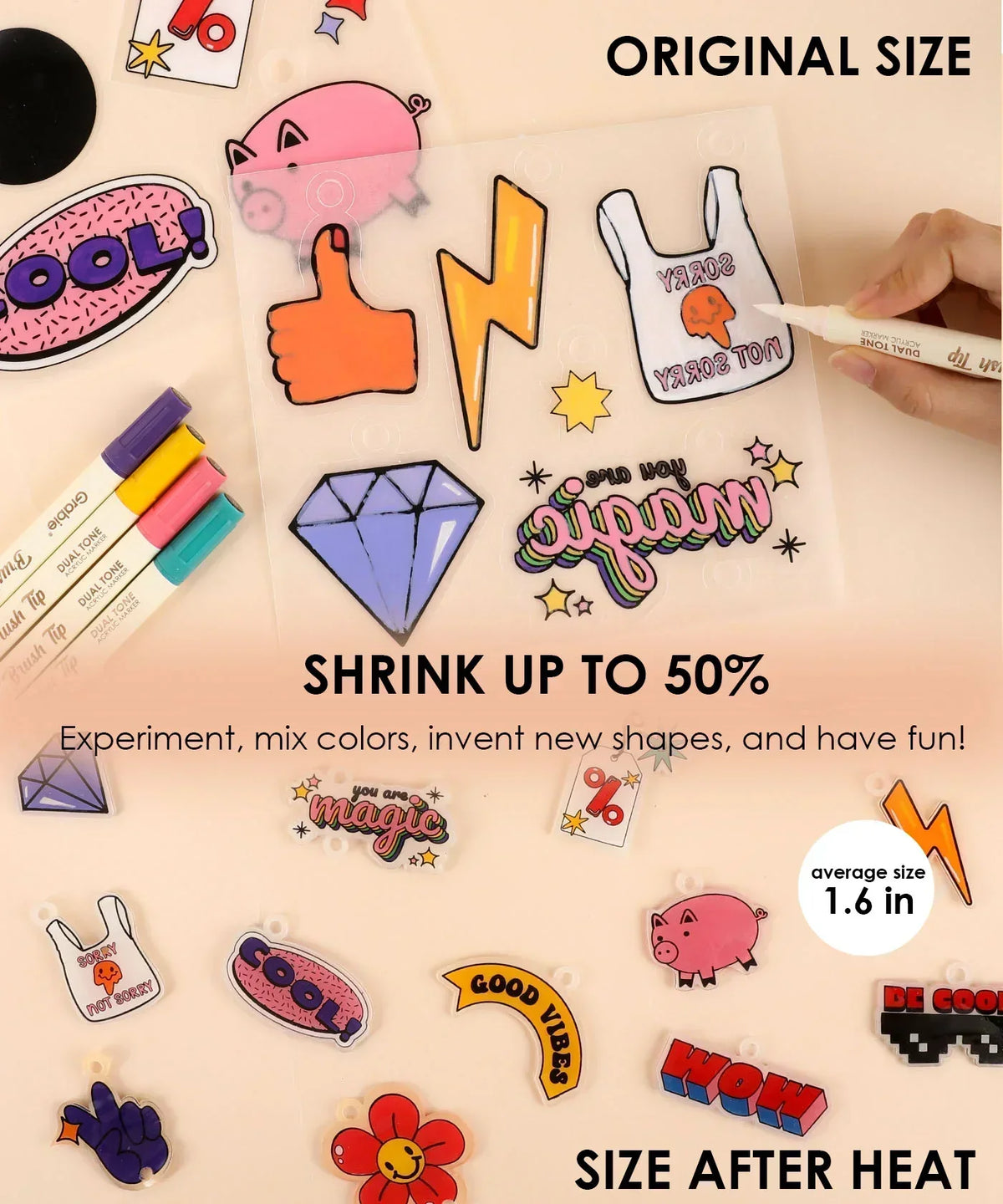 Colorful shrinkable plastic charms and markers for Shrink to Sparkles Craft Kit (DIY Shrinky Dinks Set) with art supplies displayed. 