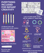 Contents of Shrink to Sparkles Craft Kit (DIY Shrinky Dinks Set) including markers, shrink sheets, clips, adhesive, and jewelry accessories. 