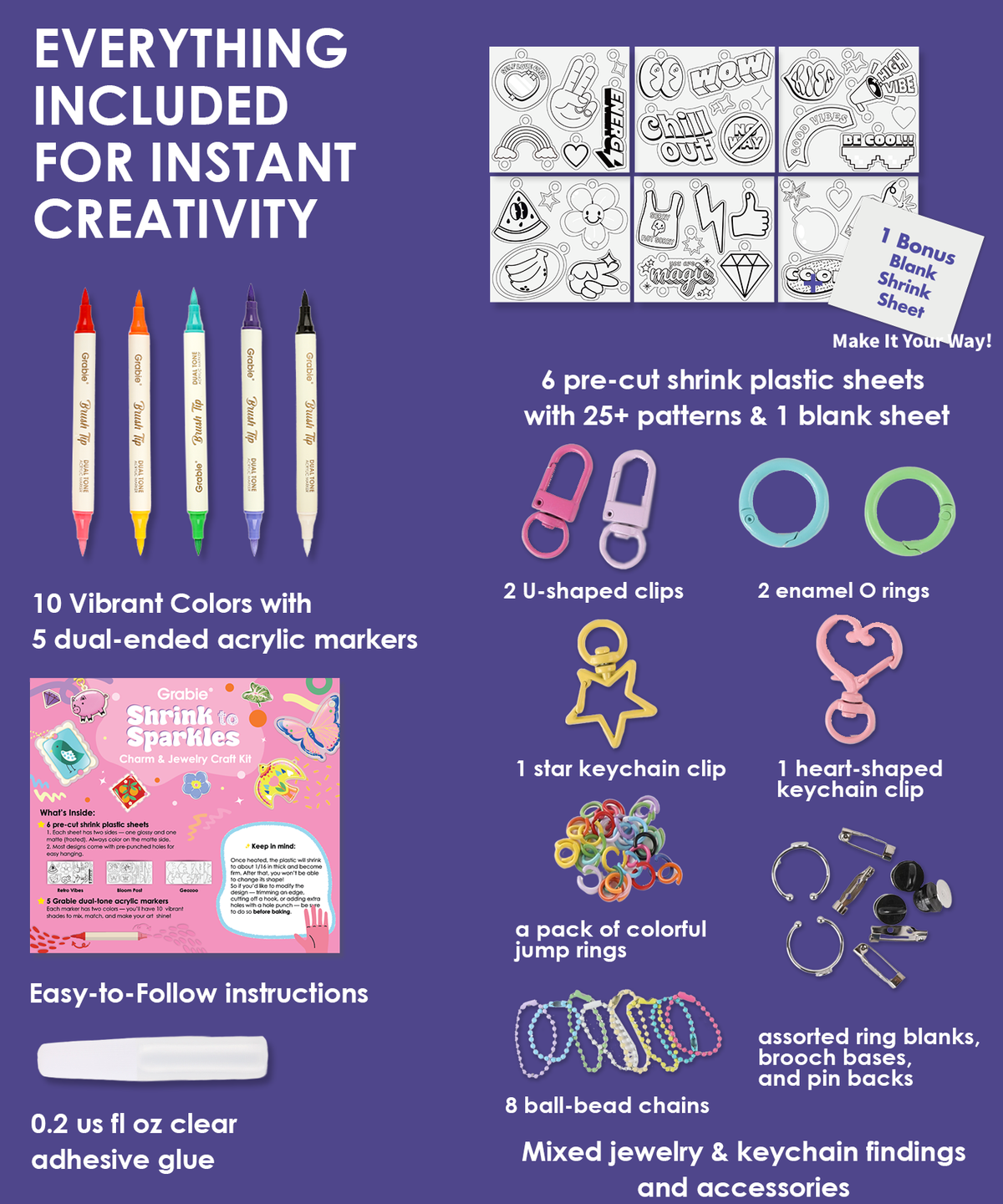 Contents of Shrink to Sparkles Craft Kit (DIY Shrinky Dinks Set) including markers, shrink sheets, clips, adhesive, and jewelry accessories. 