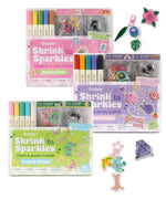 Shrink to Sparkles Craft Kit (DIY Shrinky Dinks Set) with colorful markers, charms, and accessories for creative art projects. 