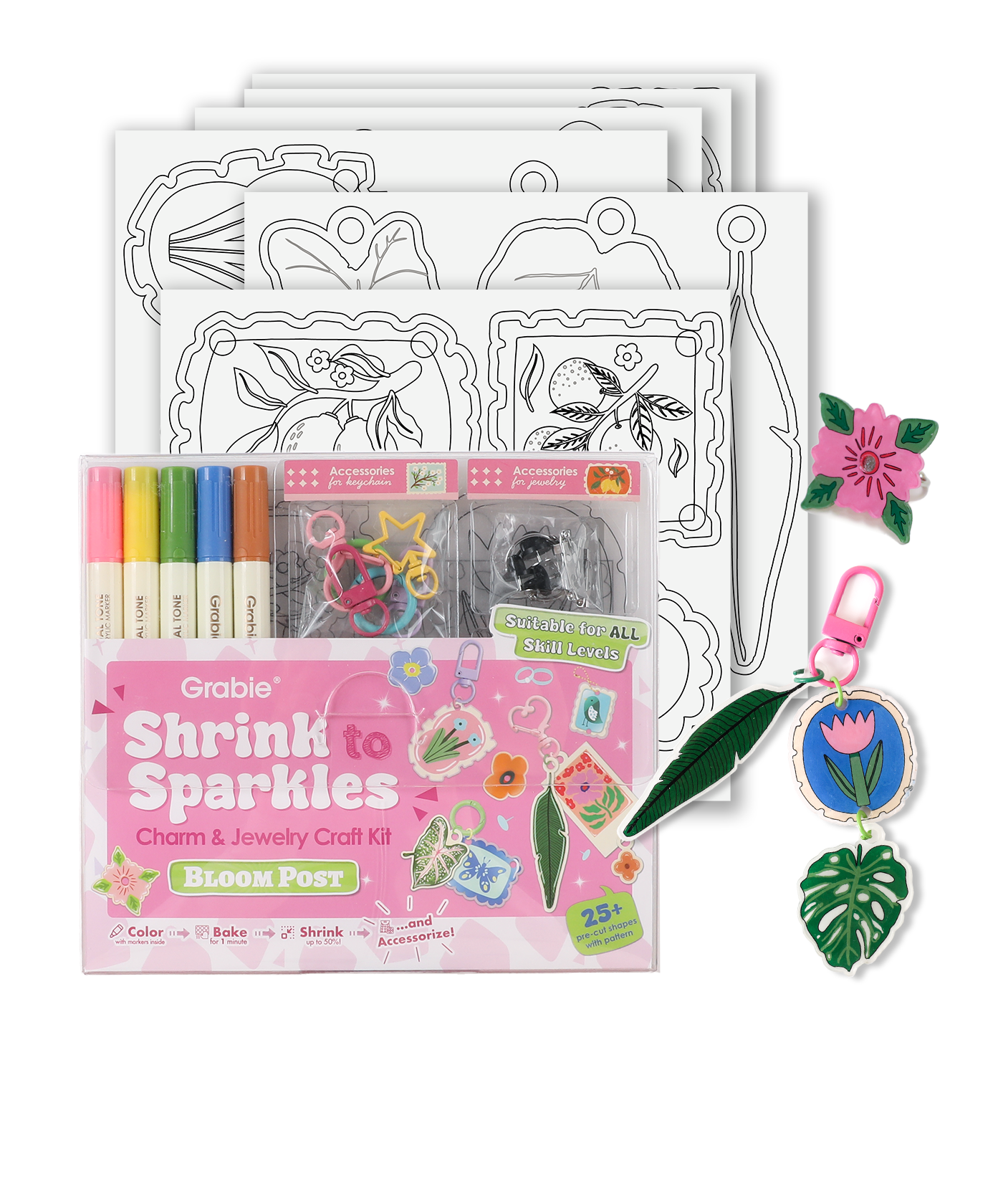 Shrink to Sparkles Craft Kit (DIY Shrinky Dinks Set) with markers, charm outlines, and colorful flower and leaf designs. 