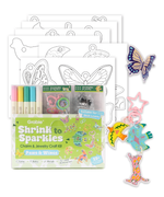Shrink to Sparkles Craft Kit (DIY Shrinky Dinks Set) with markers, animal charms, and butterfly keychain art supplies. 