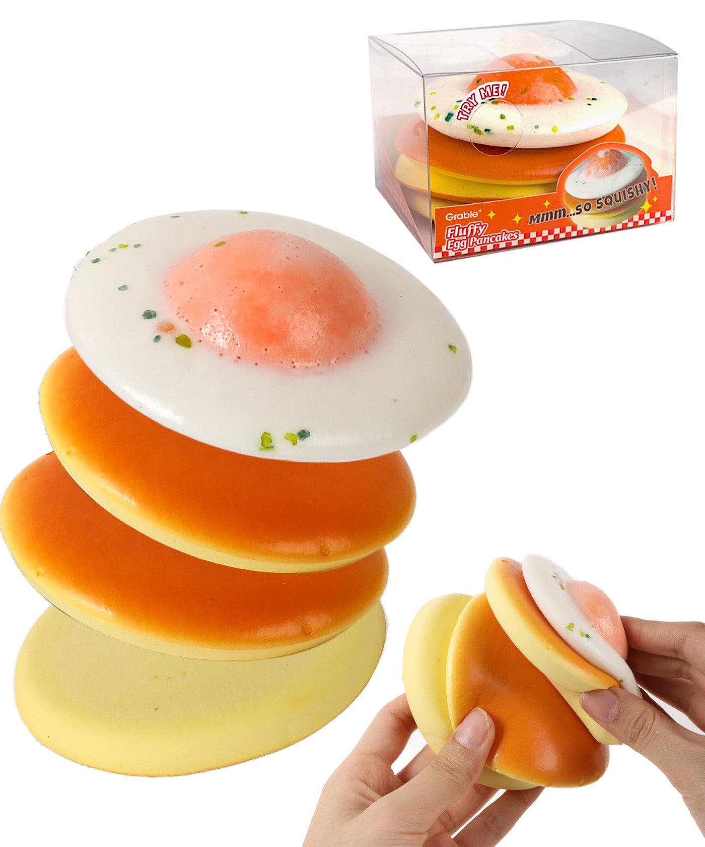 Grabie Ultimate Stress Relief Squishy shaped like a stack of pancakes with a fried egg on top being squeezed by hands