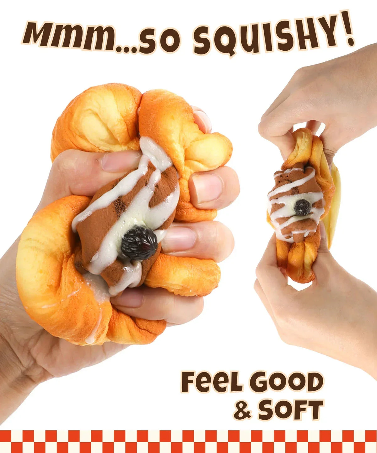 Hands squeezing and stretching a soft dessert-shaped Grabie Ultimate Stress Relief Squishy toy with cream and berry details