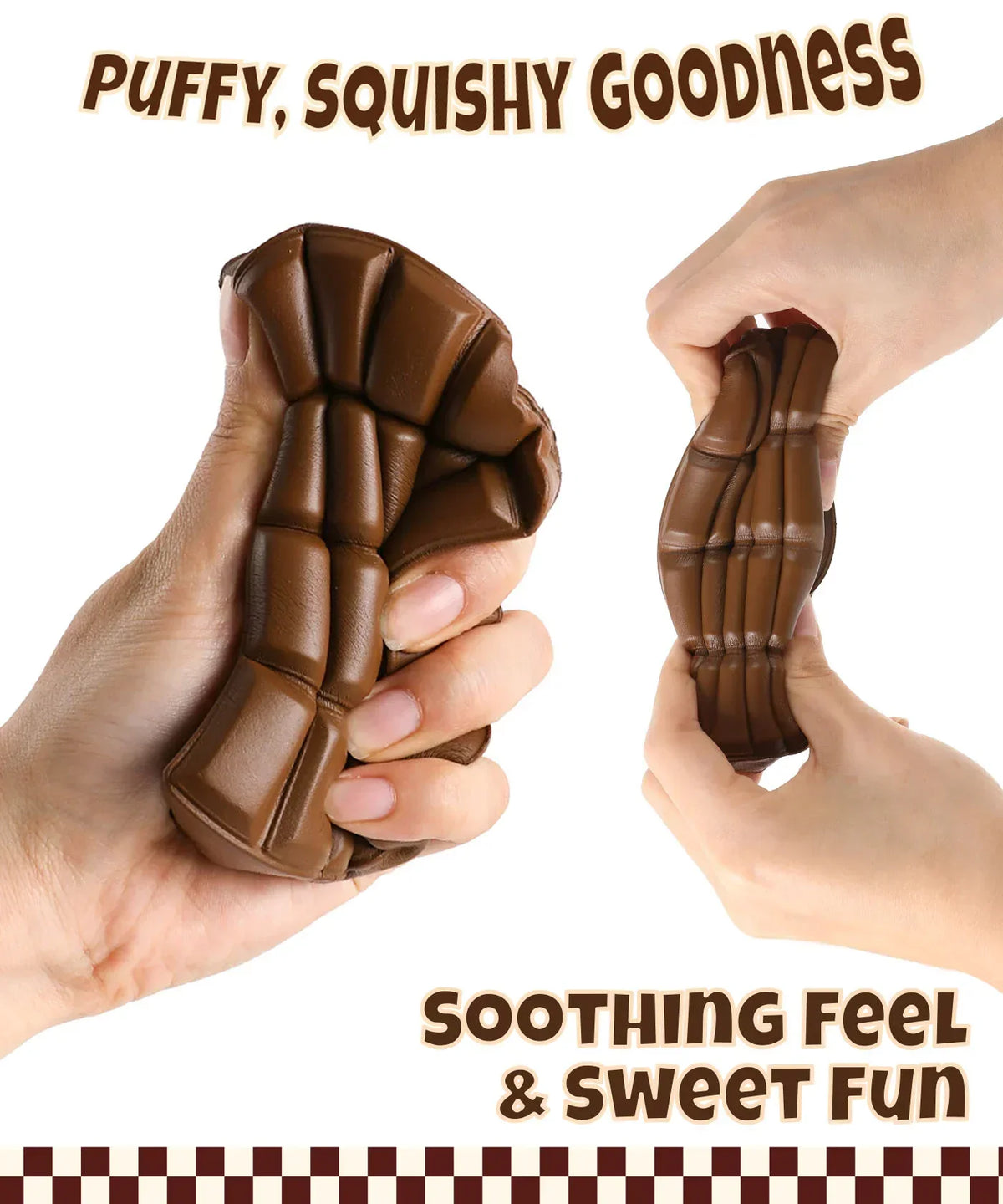 Hands squeezing and stretching a brown Grabie Ultimate Stress Relief Squishy with puffy texture text above and below.