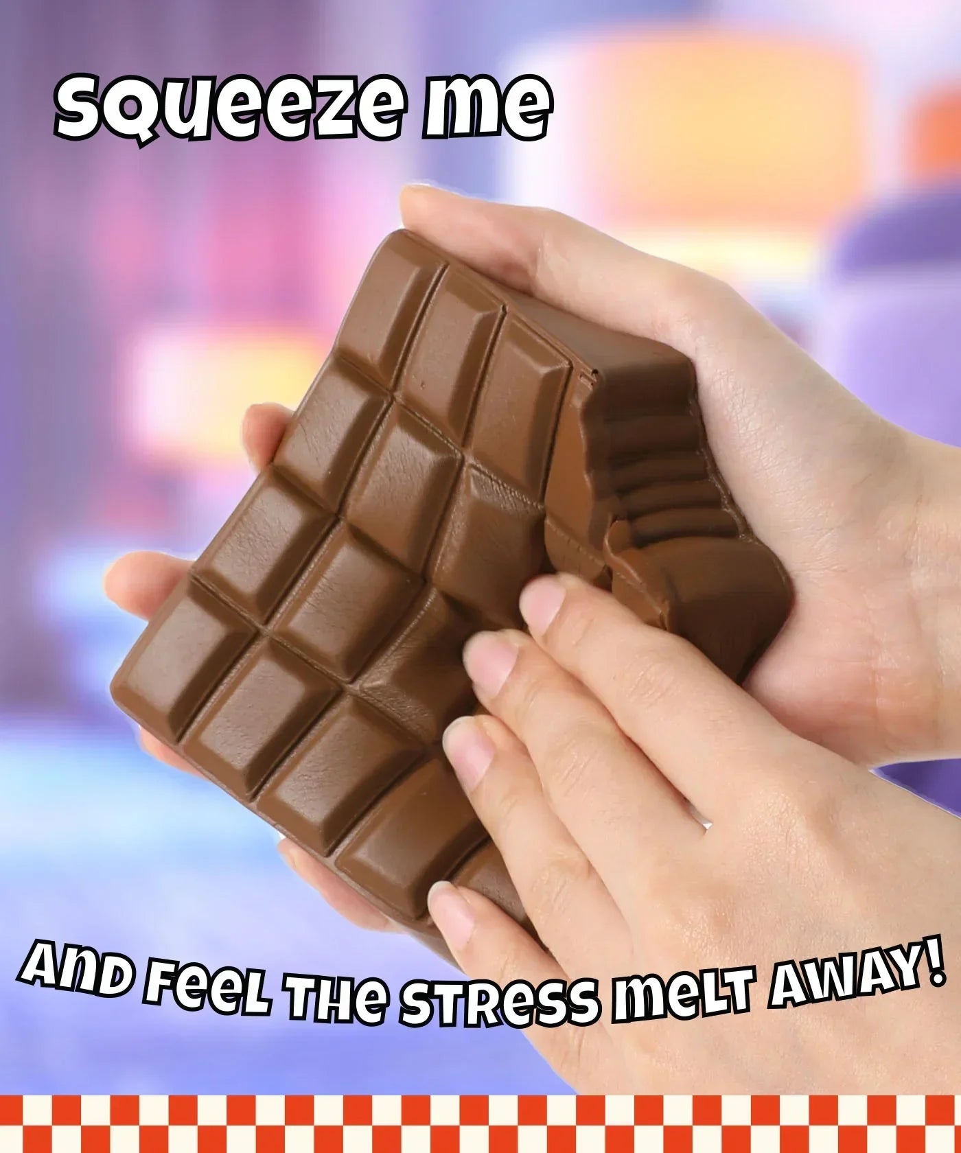 Grabie Ultimate Stress Relief Squishy in chocolate bar shape being squeezed by hands for stress relief