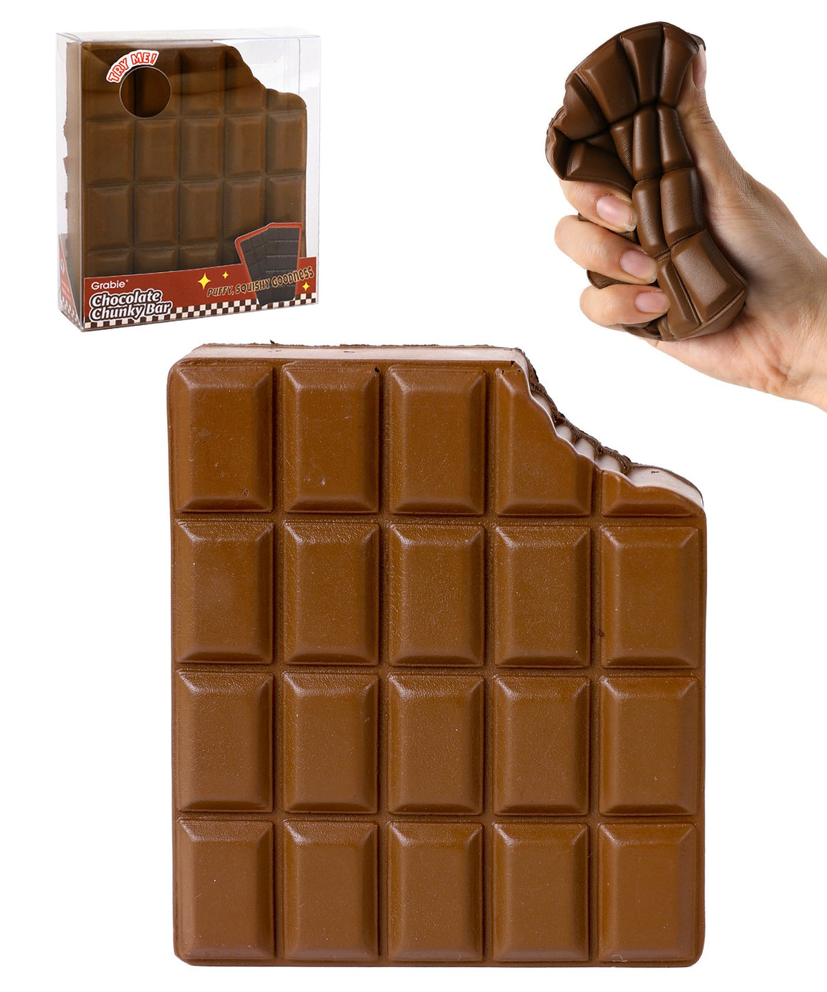 Grabie Ultimate Stress Relief Squishy shaped like a chocolate bar being squeezed by a hand against white background