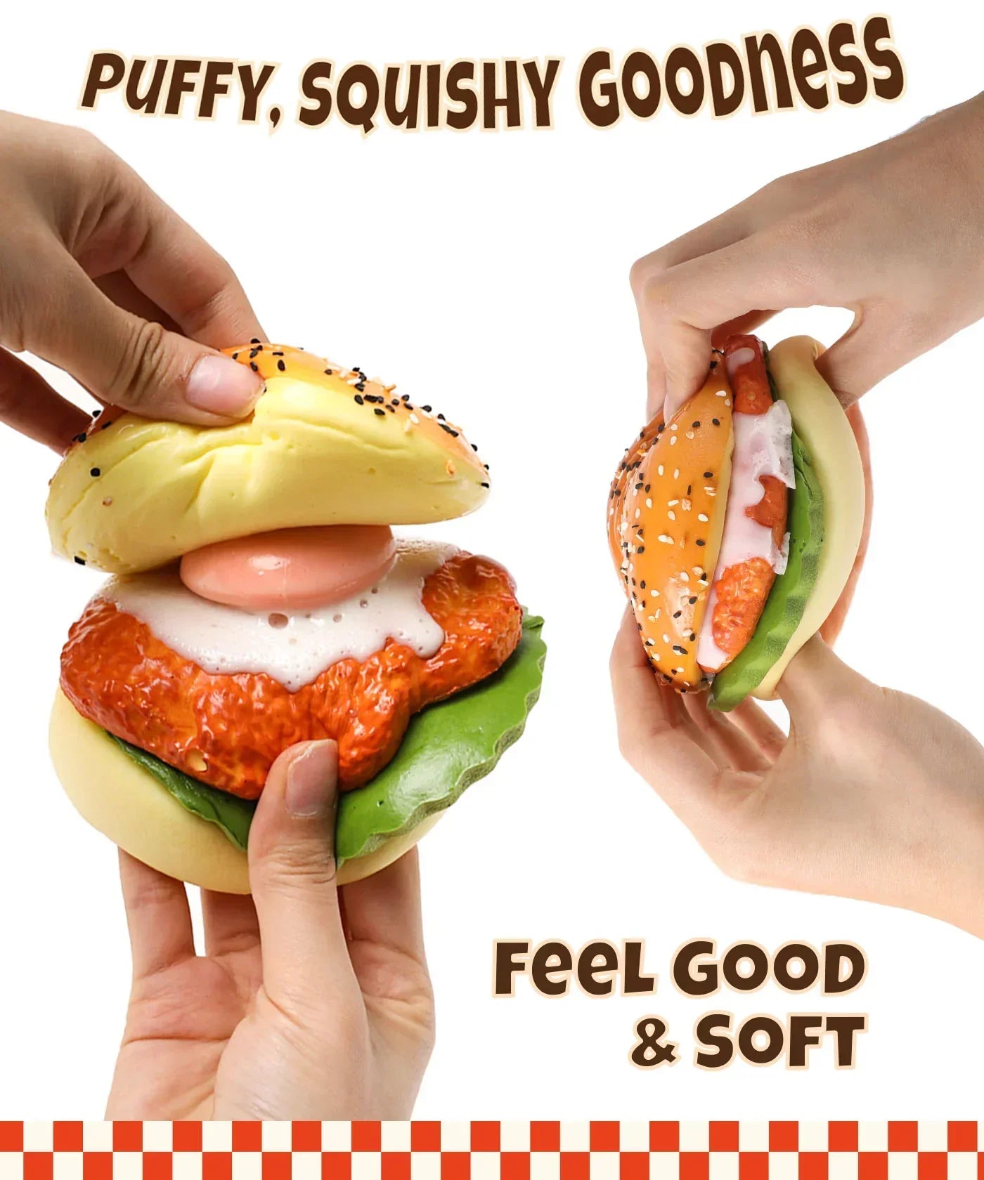 Two hands squeezing a chicken sandwich squishy toy with text Puffy Squishy Goodness Feel Good & Soft and the product name Grabie Ultimate Stress Relief Squishy