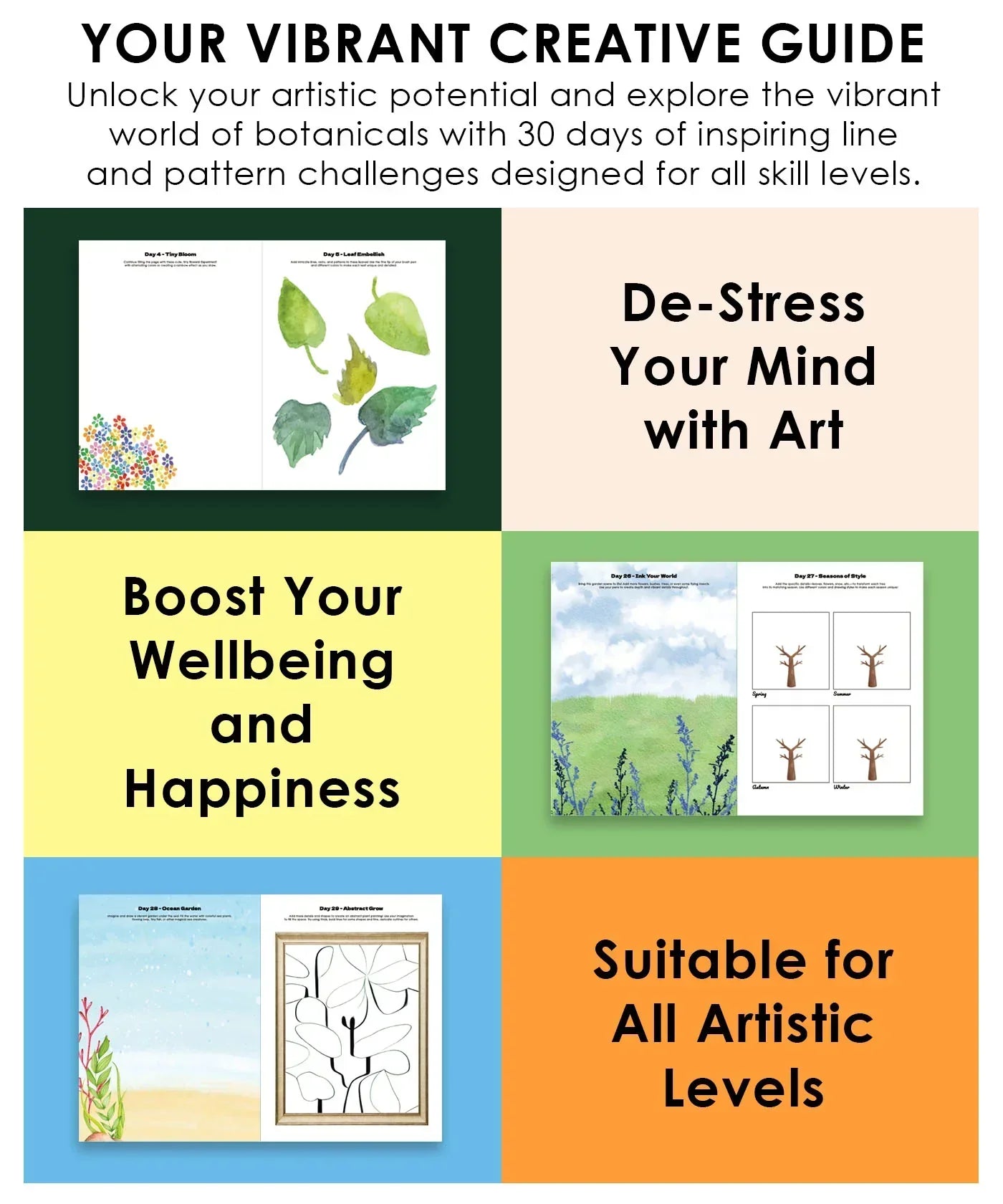 Promotional graphic highlighting benefits of "What to Draw When You Think You Can’t - Plant Edition" with plant art samples.