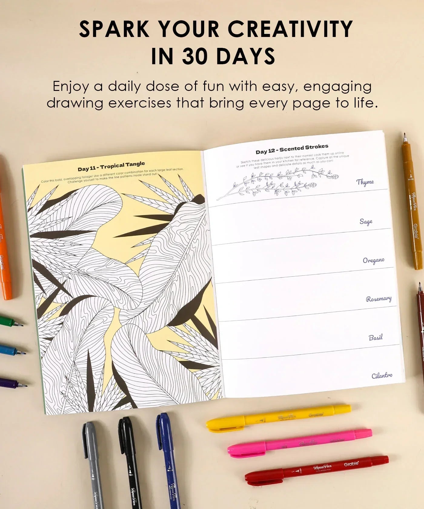 Open sketchbook with plant-themed drawings and writing prompts alongside colorful markers and pens for What to Draw When You Think You Can’t - Plant Edition