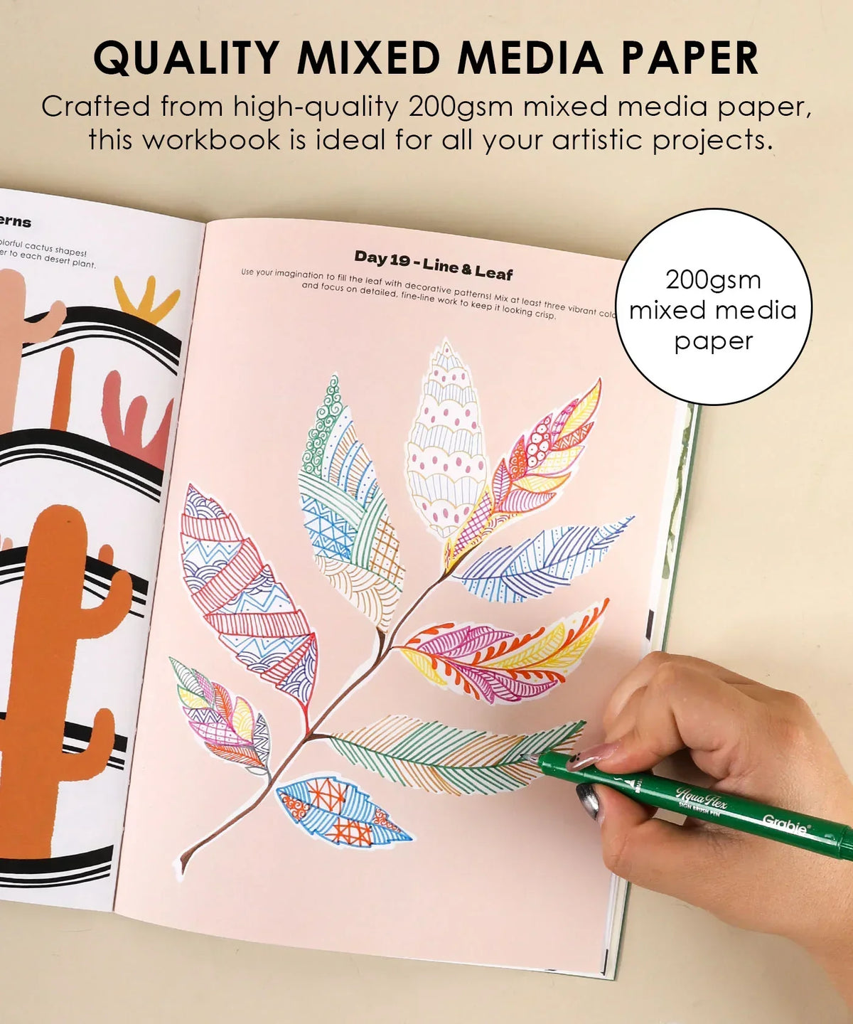 Hand drawing colorful patterned leaf on 200gsm mixed media paper in What to Draw When You Think You Can’t - Plant Edition